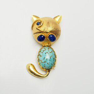 Cute blue jelly belly gold tone metal cat kitten vintage pin Italy